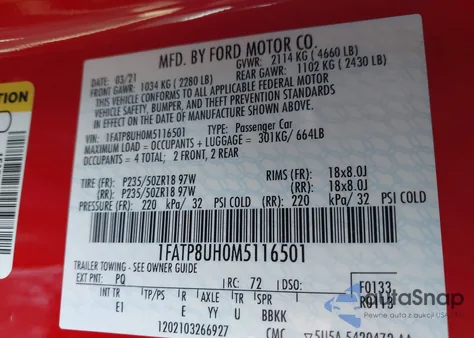 2021 Ford Mustang Ecoboost Premium из США, поврежденный, VIN 1FATP8UH0M5116501